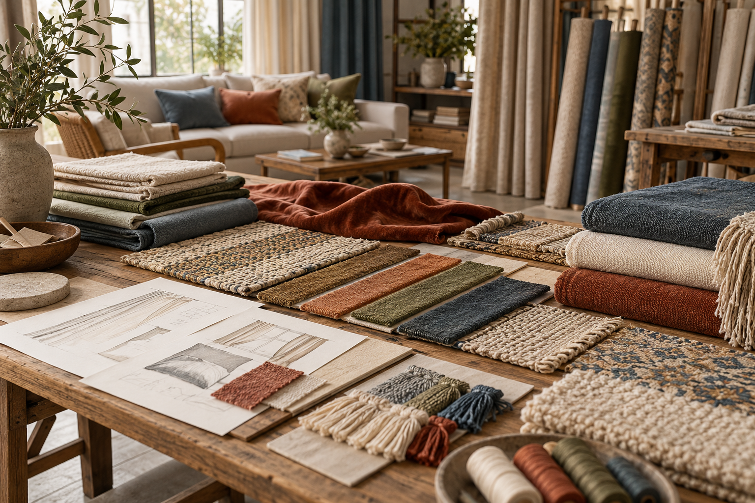 Vexqeli textile studio with linen, velvet, boucle, woven swatches, fringe, thread and interior sketches